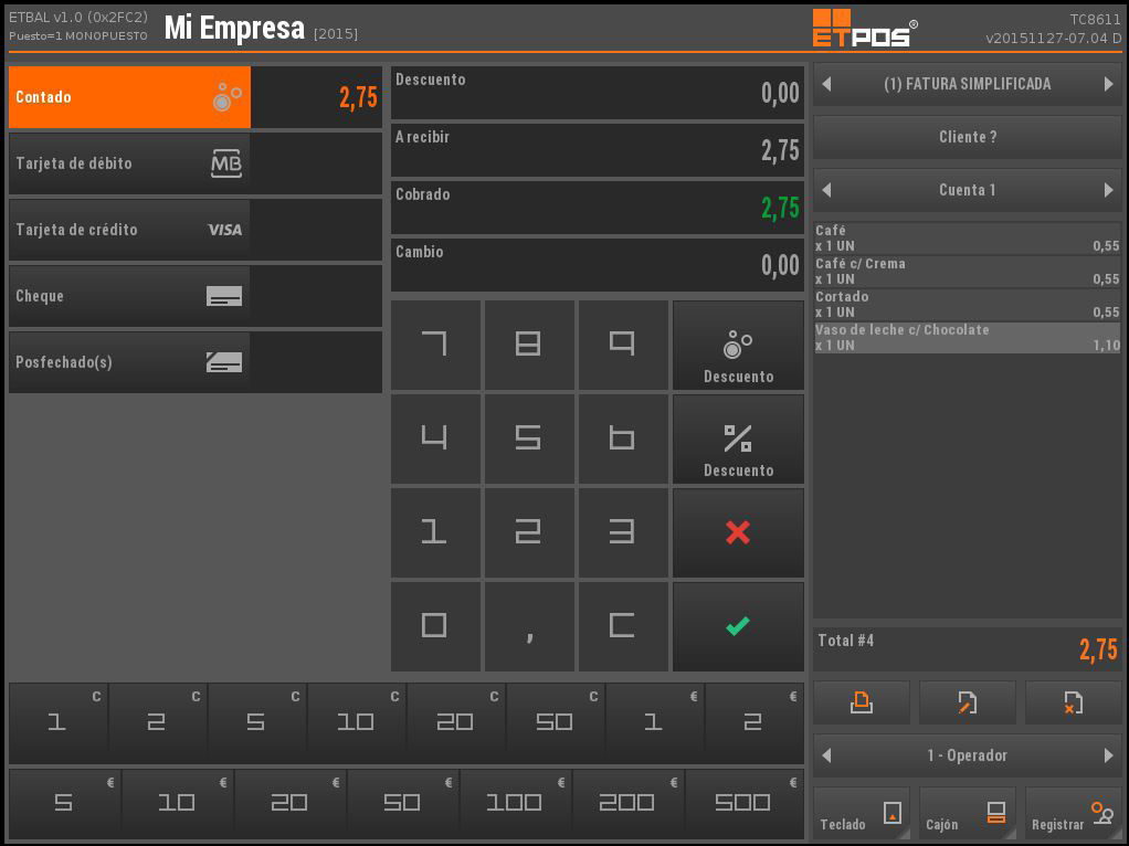 Pantalla de cobro y medios de pago en ETPOS 5
